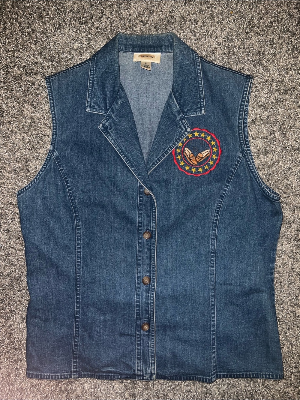 Talbots Denim Button-Front Sleeveless Vest with Embroidered Patch